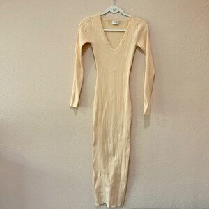 Meshki Cream Ribbed Long Sleeve V-Neck Maxi Dress